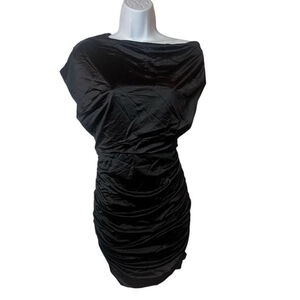 New Express Black Satin Ruched Off One Shoulder Dress Size XS